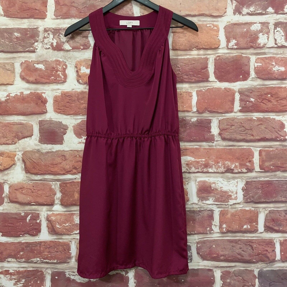 ANN TAYLOR LOFT WOMEN'S WINE PURPLE EMBROIDERED NECK SLEEVELESS DRESS - Picture 7 of 9